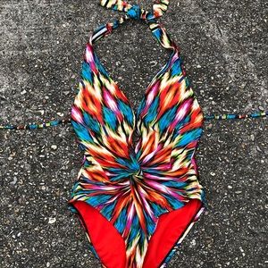 Kenneth Cole Plunge Neck Halter One Piece Suit M